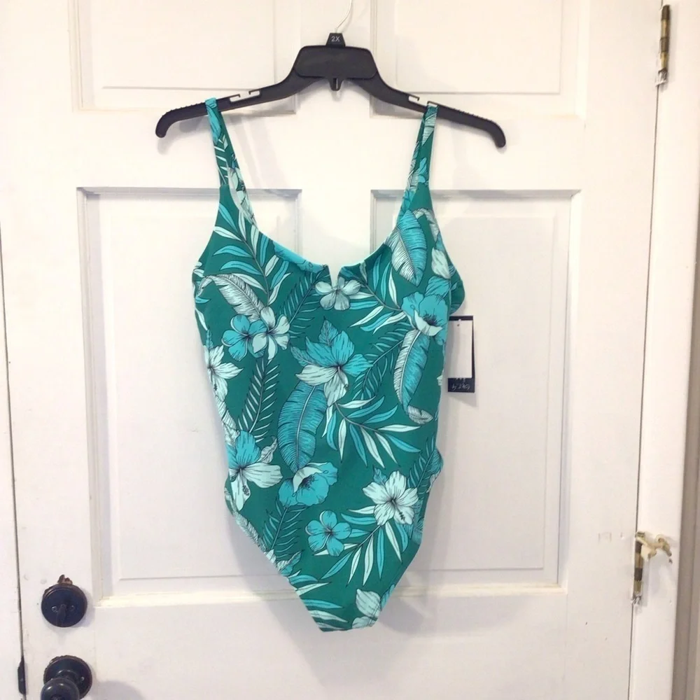 Allure by IMG Womens Green Tropical Floral V-wire One Piece Swimsuit Size 2X